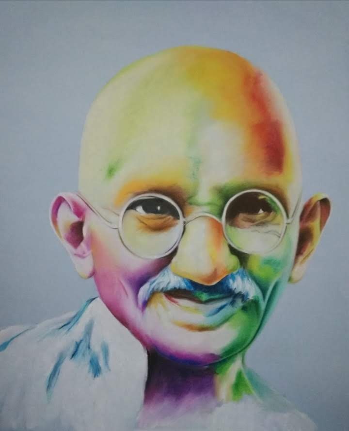 Colorful watercolor portrait of Mahatma Gandhi