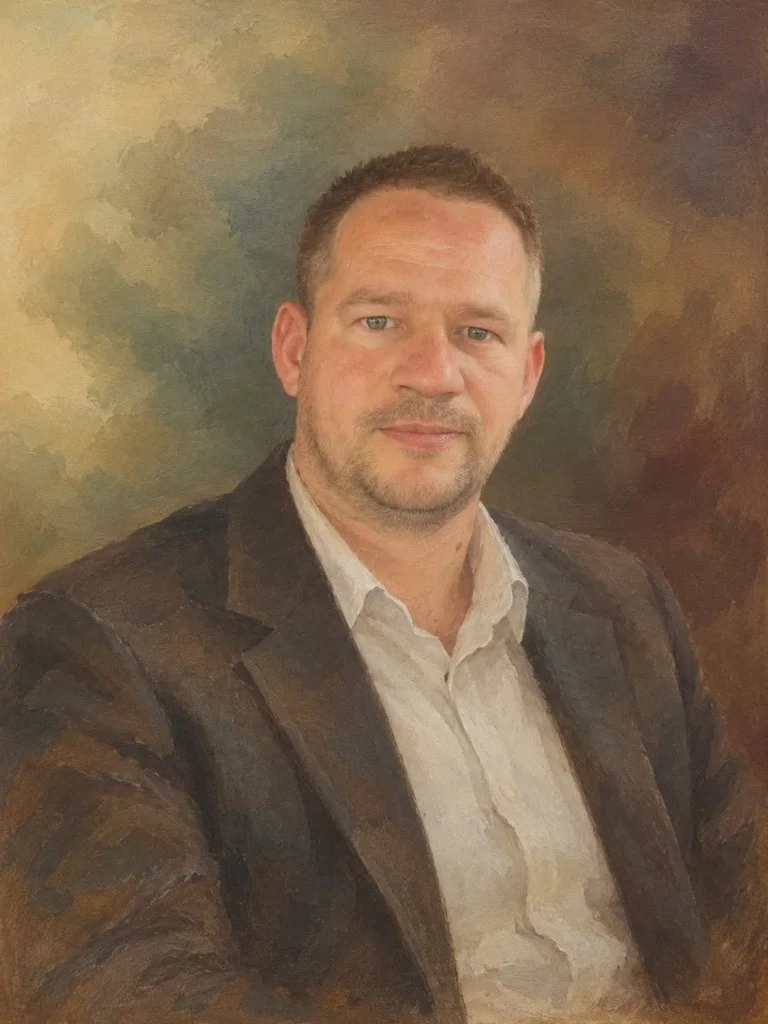 acrylic portrait painting on canvas of a man in suit, hand-painted by Deepak's Art