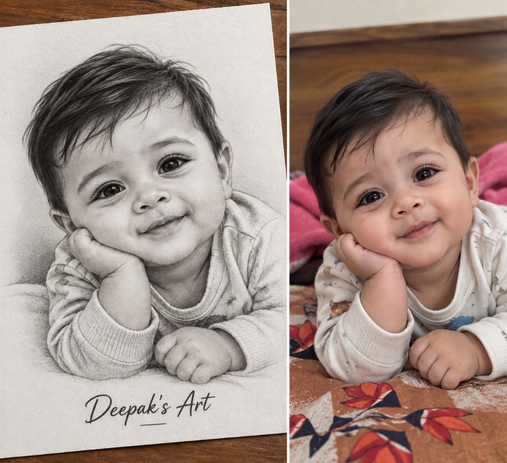 Realistic photo to pencil sketch drawing of smiling baby boy - Deepak's Art Delhi