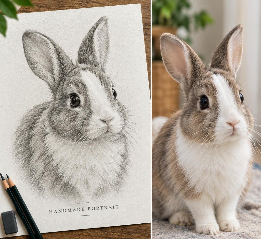 Cute bunny rabbit photo and handmade pencil sketch portrait