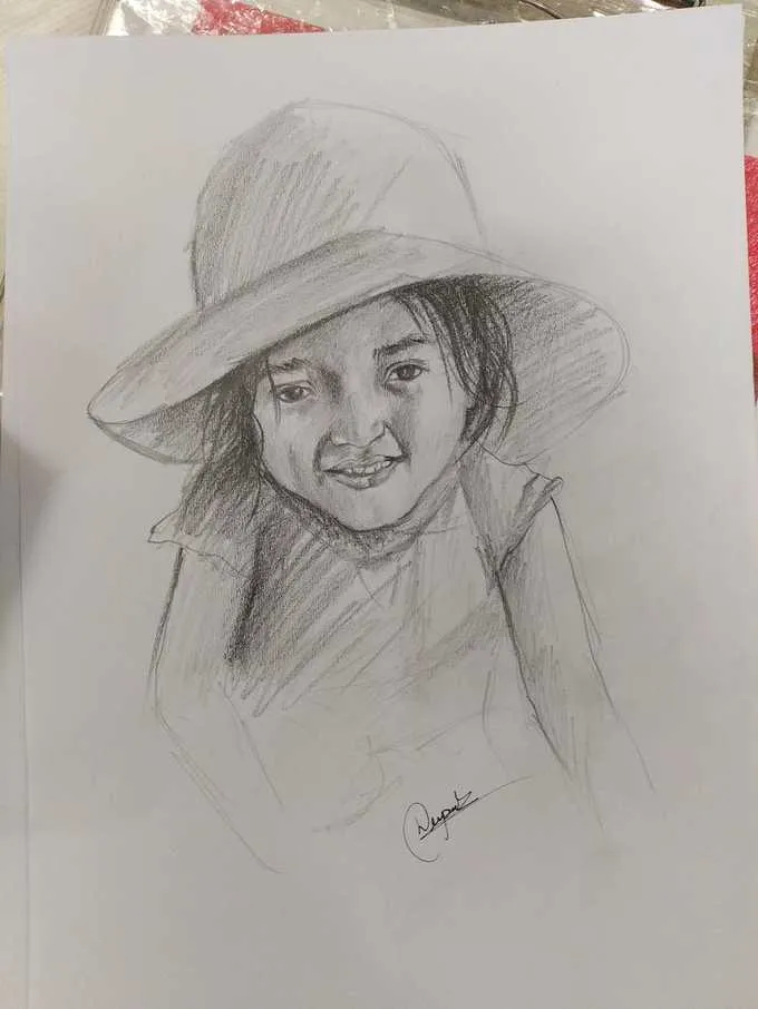 Cute baby pencil sketch drawn from a childhood photo