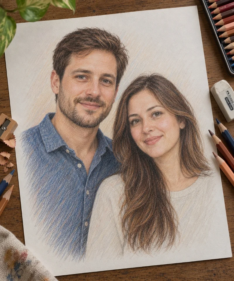 Color pencil portrait of a couple, drawn by Deepak's Art