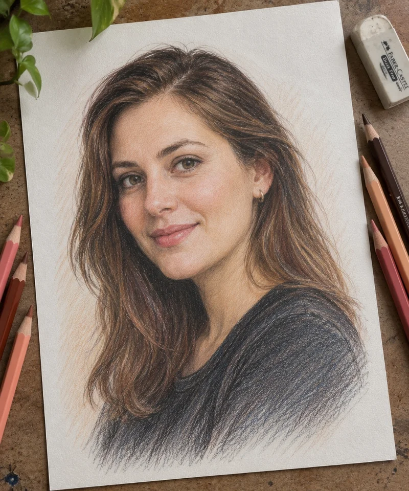 Color pencil portrait of a young woman, drawn by Deepak's Art