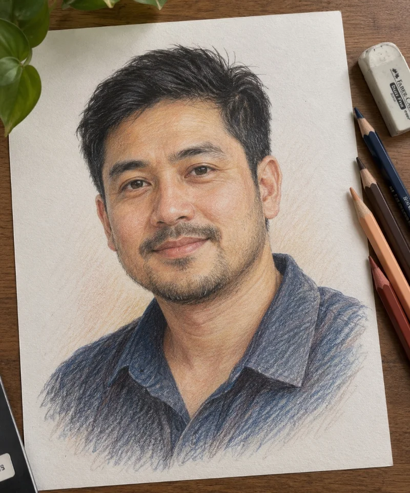 Color pencil portrait of a man with beard, drawn by Deepak's Art
