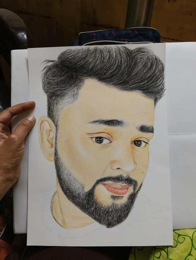 Colorful pencil portrait of a child drawn in Delhi