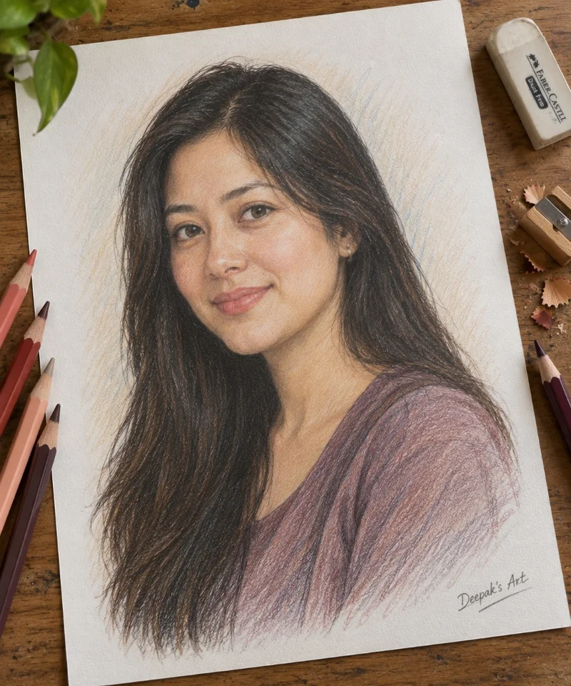 Color pencil portrait of a woman signed by artist, drawn by Deepak's Art