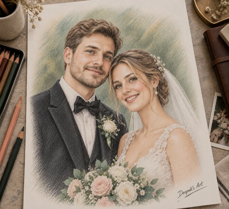 colored pencil portrait of wedding couple, drawn by Deepak's Art