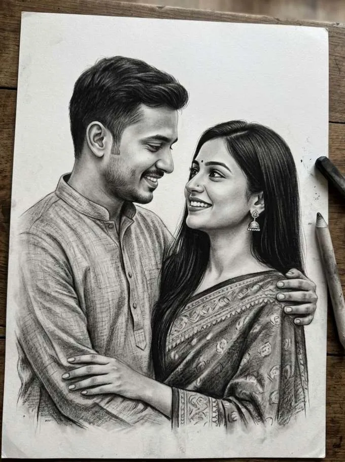Realistic couple pencil sketch portrait drawn from photo