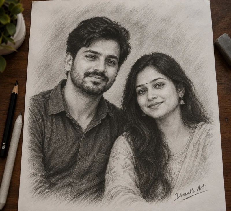 charcoal portrait of couple, drawn by Deepak's Art