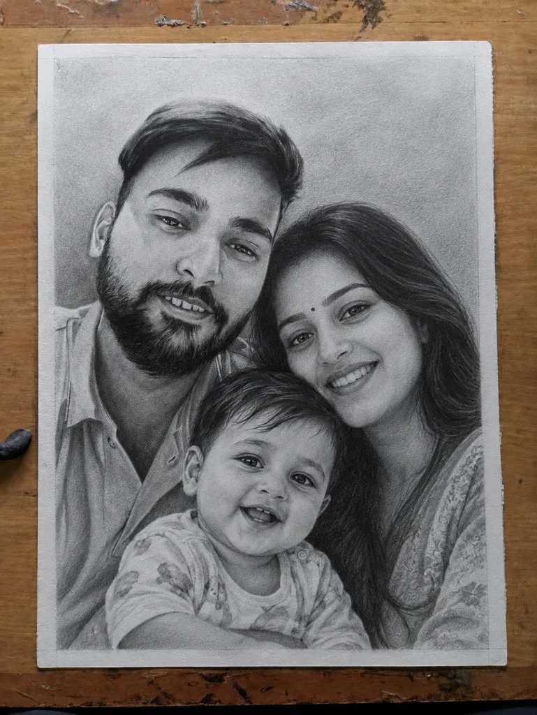 Custom Indian family portrait pencil sketch of young parents with smiling baby hand-drawn from photo