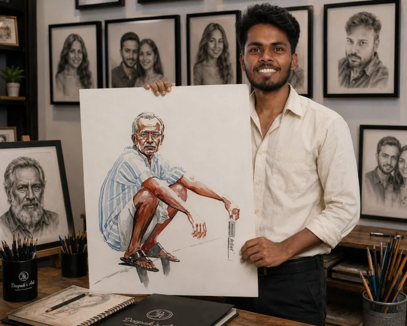 artist Deepak Kumar Shakya holding a handmade portrait in his Delhi art studio