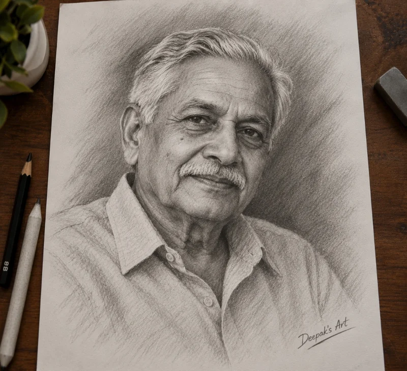 Realistic handmade elder man charcoal portrait drawing in A4 size capturing fine wrinkles and personality
