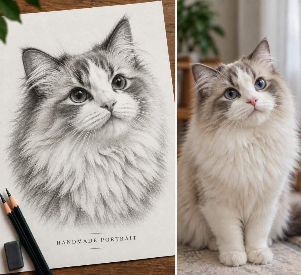 Fluffy longhair cat photo and handmade pencil sketch portrait