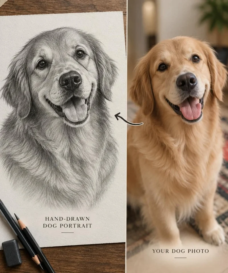 hand-drawn pencil sketch pet portrait of a golden retriever dog, drawn by Deepak's Art