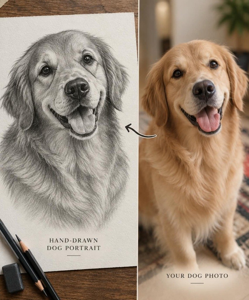 Golden Retriever dog photo and handmade pencil sketch portrait