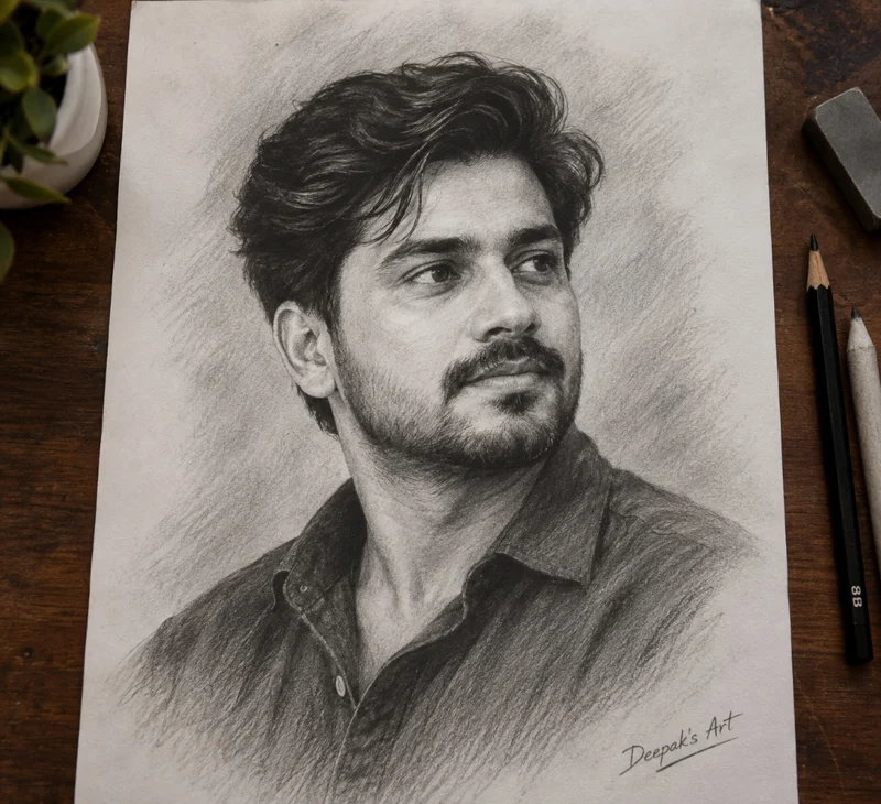 Handmade male charcoal portrait drawing in A3 size from photo by artist Deepak Kumar Shakya