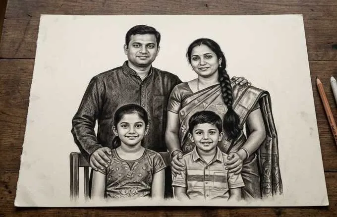 Indian family charcoal portrait drawing featuring traditional attire