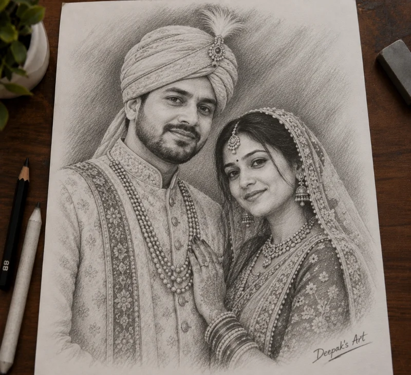 Custom handmade wedding couple portrait sketch gift by Deepak - portrait artist in Delhi