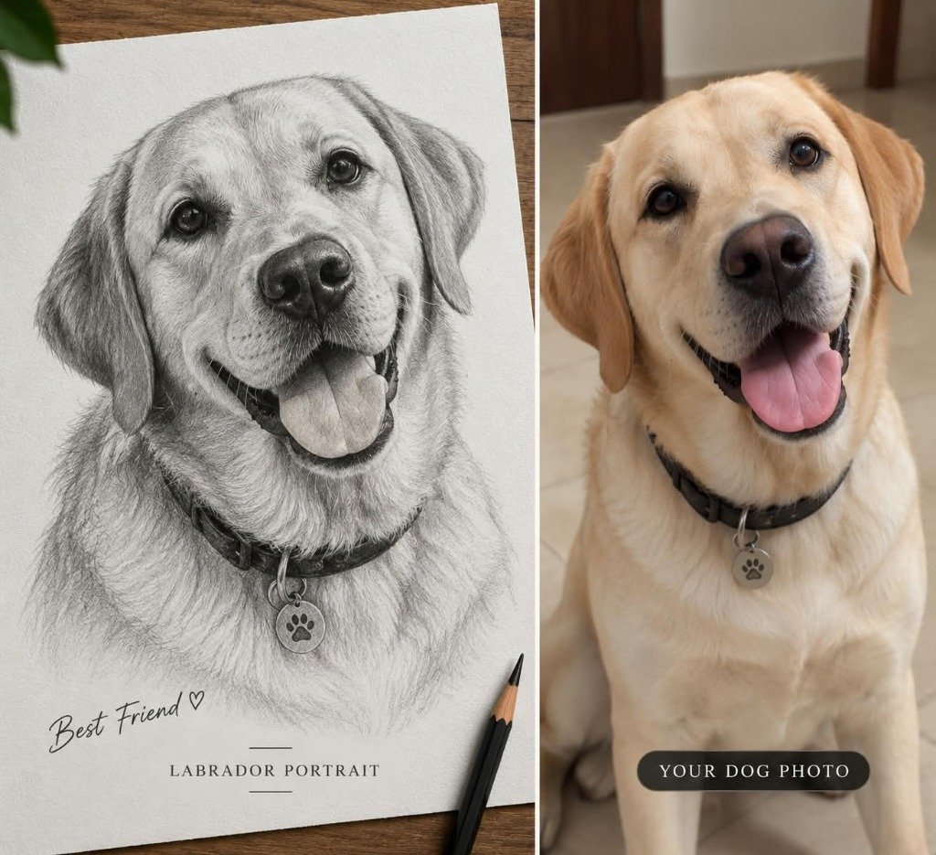 Labrador dog photo and handmade pencil sketch portrait