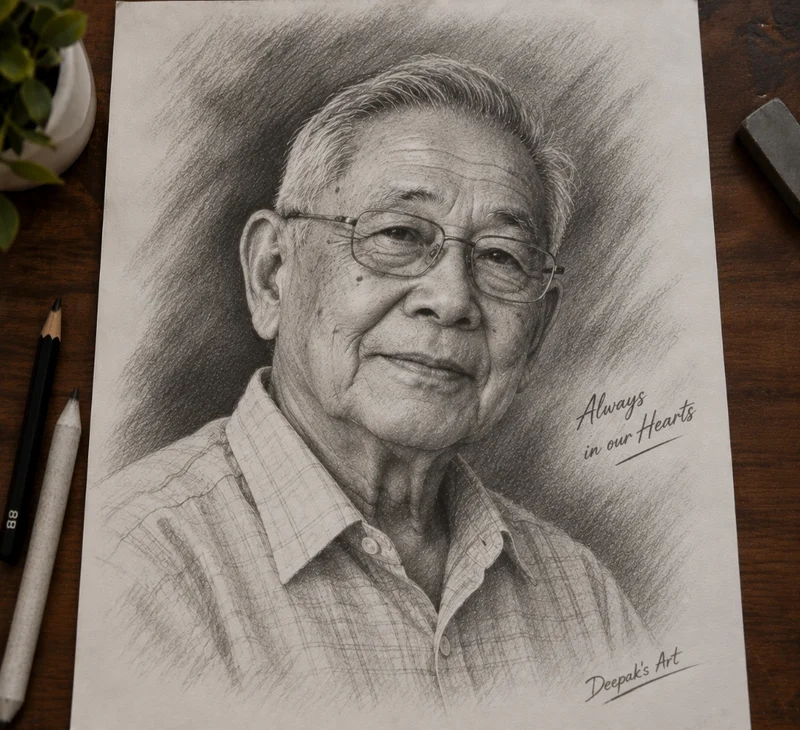 Handmade memorial tribute charcoal portrait drawing with Always in our Hearts custom lettering by Deepak