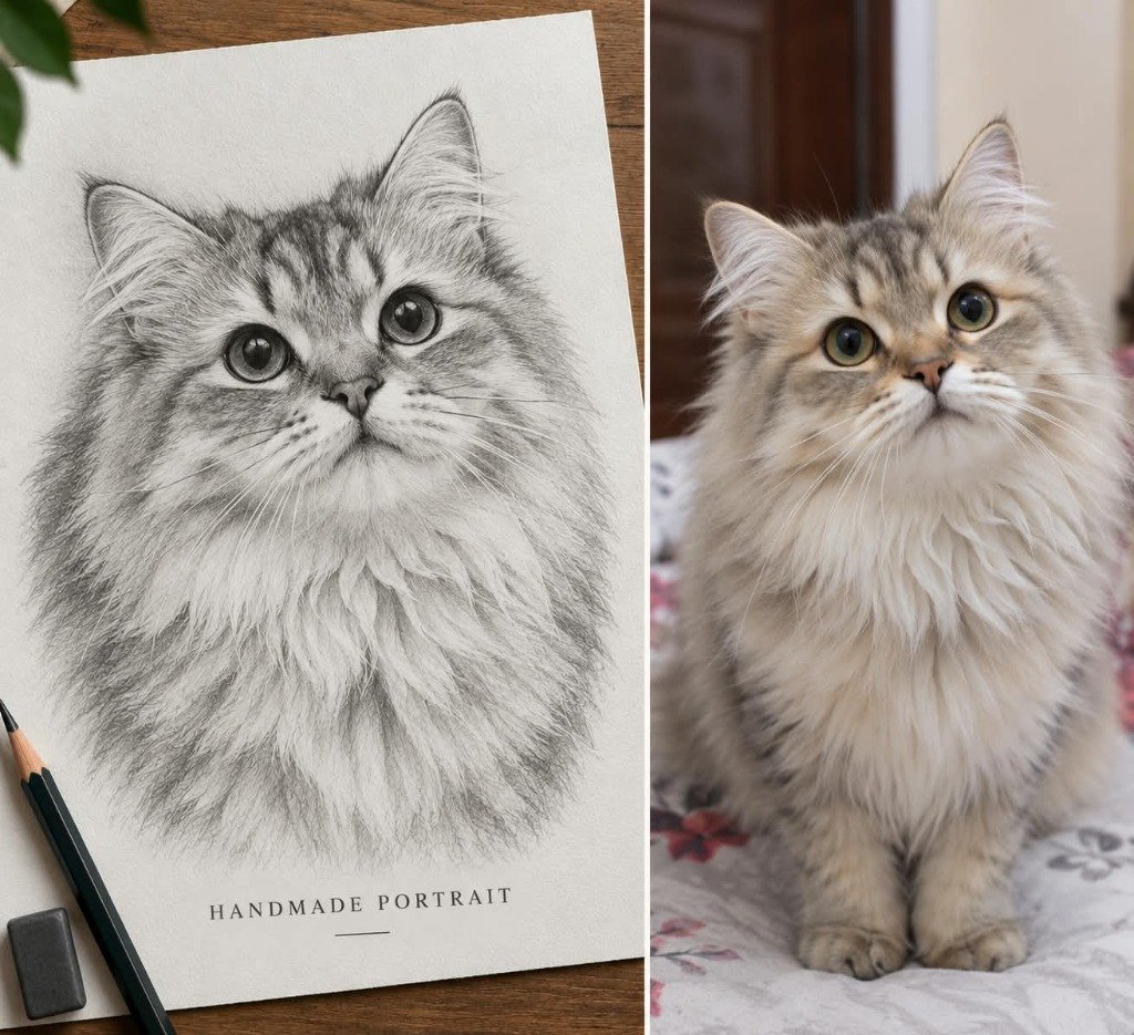 Persian cat photo and realistic handmade pencil sketch portrait