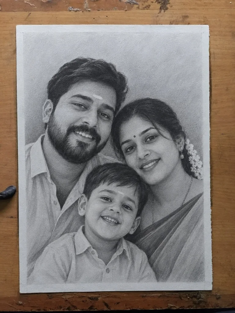 Realistic handmade family pencil portrait sketch of parents and their young son drawn from photo