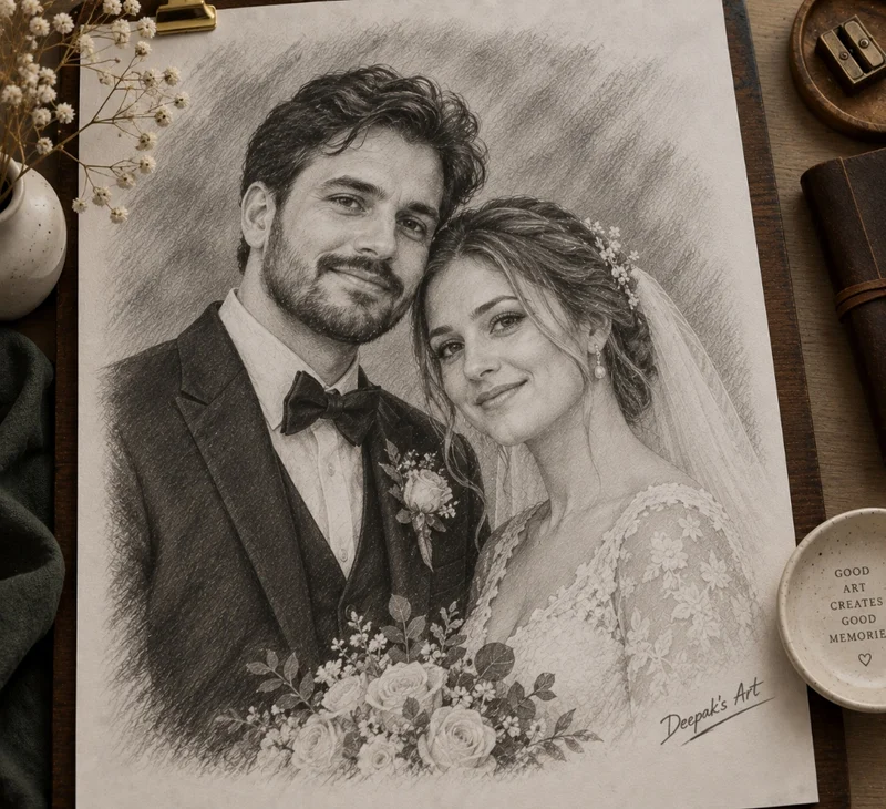Custom charcoal wedding portrait drawing of bride and groom with rich contrast by artist Deepak