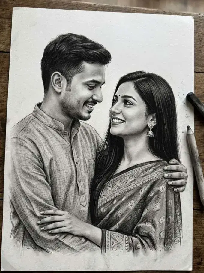 Pencil sketch wedding portrait of bride and groom