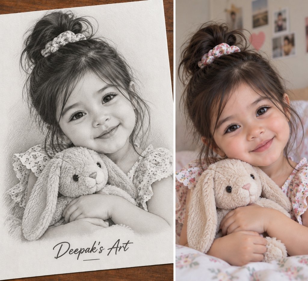 Sweet baby girl hugging plush bunny rabbit toy hand-drawn pencil sketch comparison