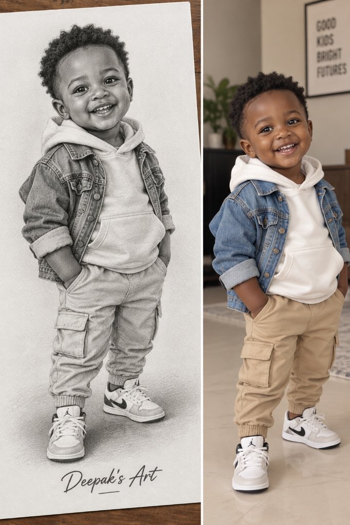 Full body toddler baby boy handmade pencil sketch portrait in denim jacket and sneakers