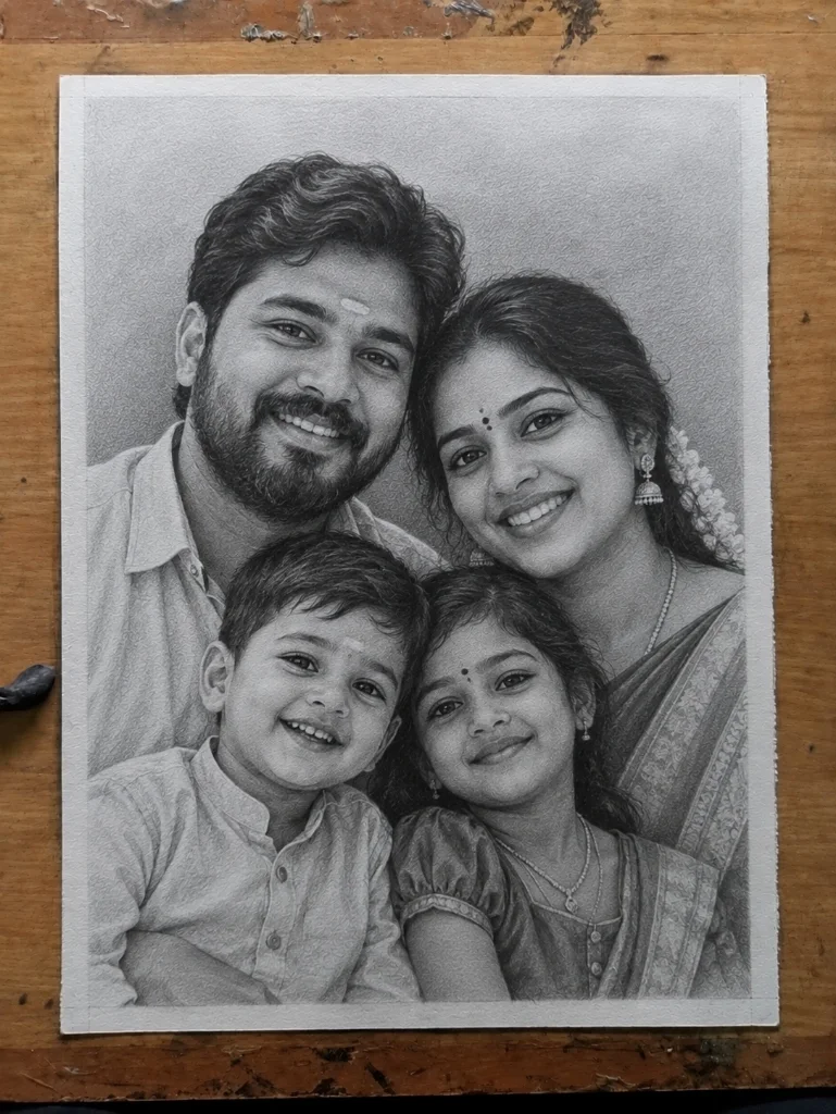 Traditional Indian family pencil sketch portrait drawing with parents, son, and daughter in ethnic festive attire by Deepak