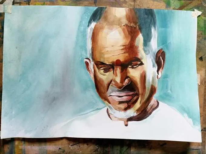 Watercolor portrait with a vibrant teal background